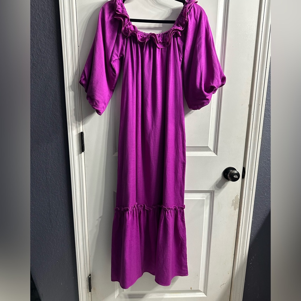 NWOT Before You Purple off shoulder Dress with Puff Sleeve 40% linen